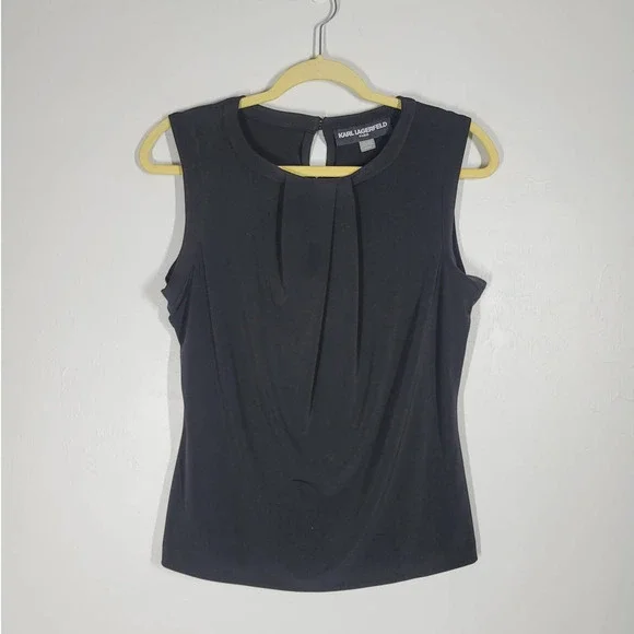 Karl Lagerfeld Paris Foldover Top Size S Crew Neck Sleeveless Stretch Tank Black - Picture 2 of 6